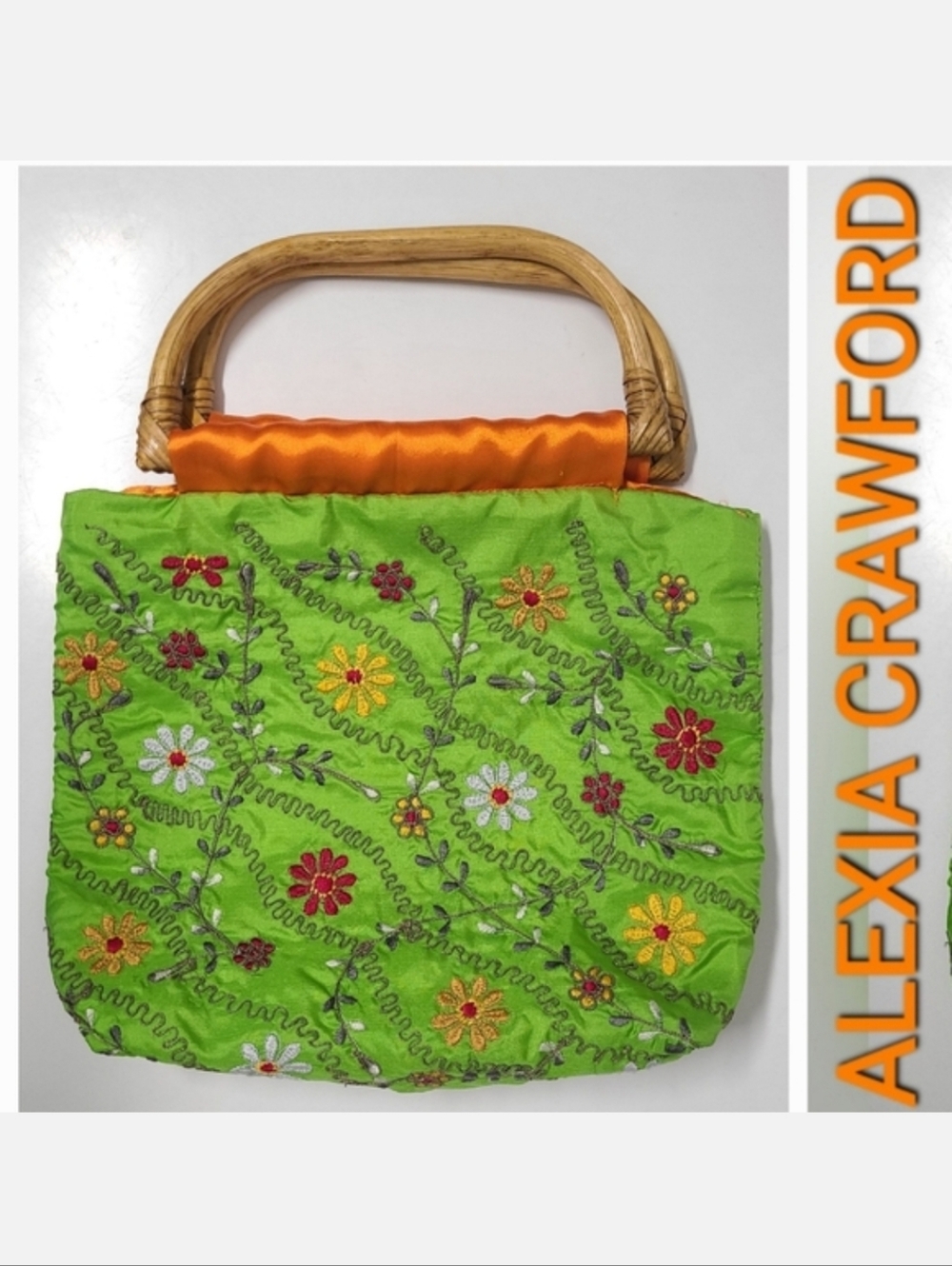 ALEXIA CRAWFORD Green Silk Handbag Floral Embroidery Spring Fever Print